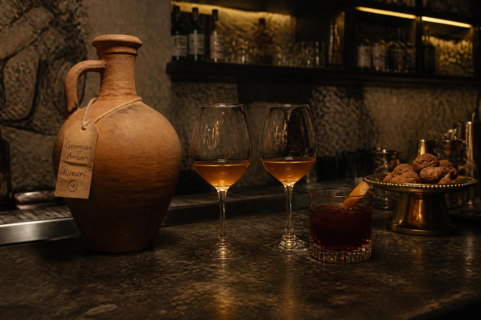 Qvevri amber wine and cocktails on the bar at Guda